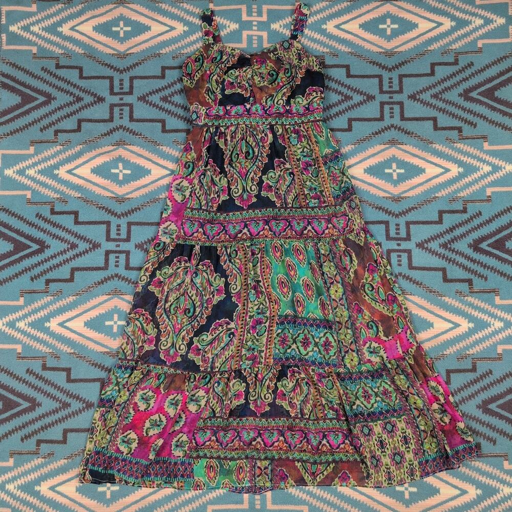 Robbie Bee Y2K Paisley Patchwork Dress Women Sz 6 Colorful Boho Maxi Babydoll